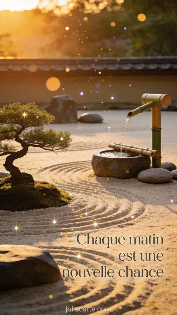 Citation bonjour chaque matin est une nouvelle chance dans jardin zen japonais avec bonsaï et fontaine bambou