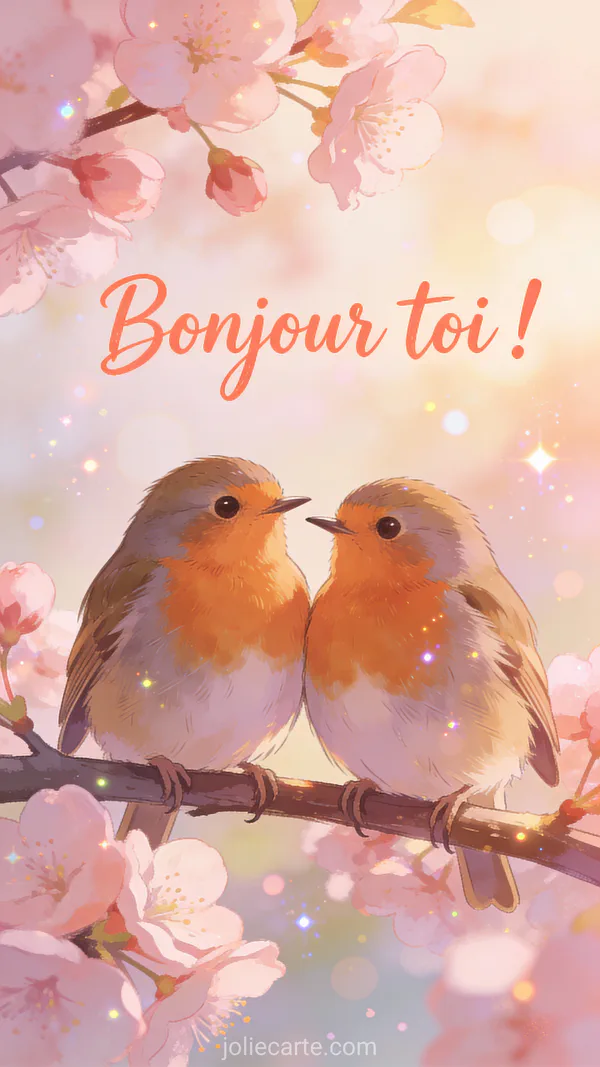 Image bonjour toi avec deux rouge-gorges tendres face à face sur branche de cerisier en fleurs roses