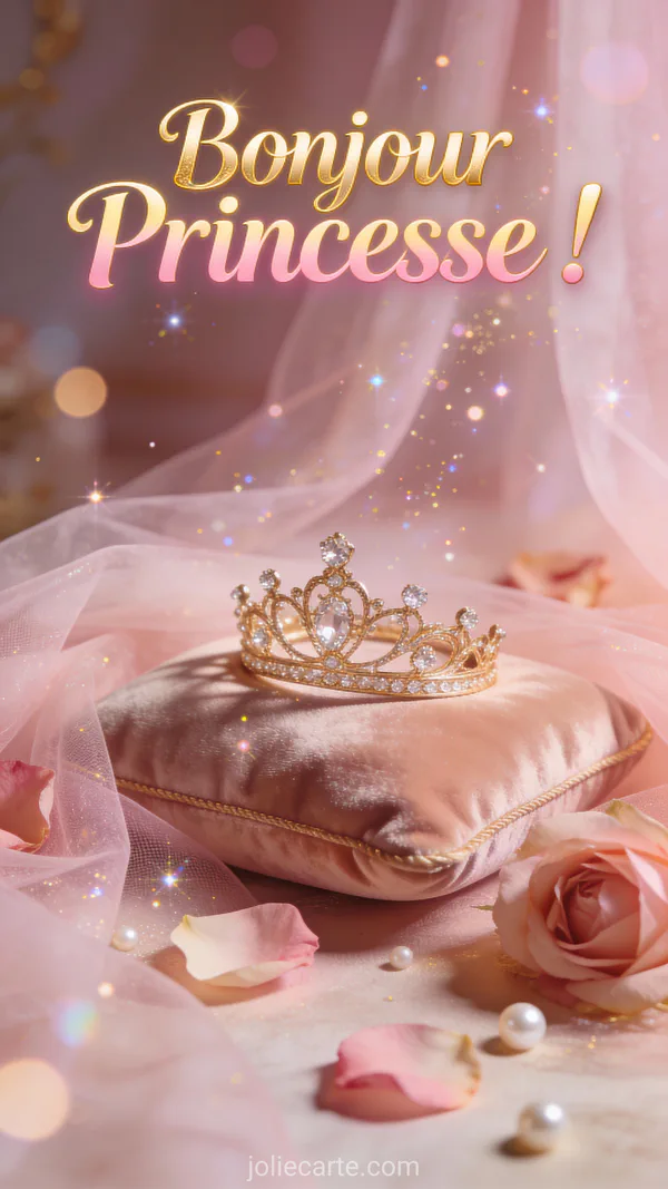 Image bonjour princesse avec diadème cristaux sur coussin velours, tulle rose vaporeux et pétales de rose