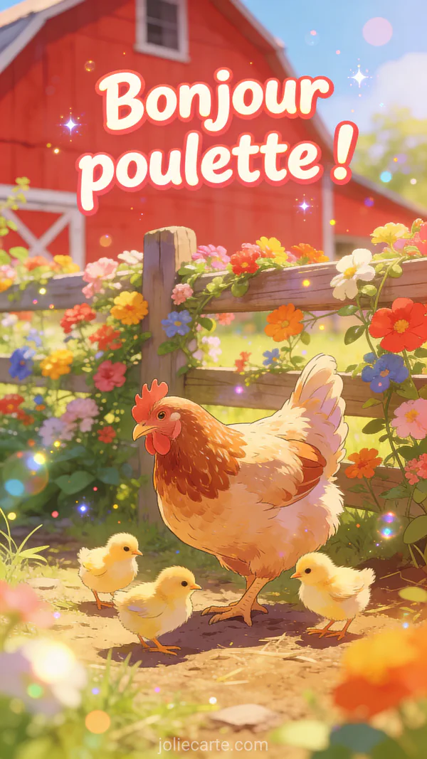 Image bonjour poulette avec poule et poussins mignons dans ferme colorée, grange rouge et clôture fleurie