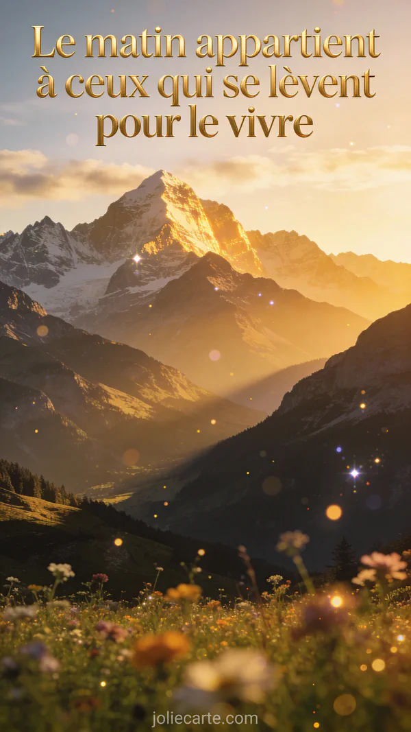 Citation bonjour du matin avec lever de soleil doré sur sommets alpins enneigés et prairie fleurie