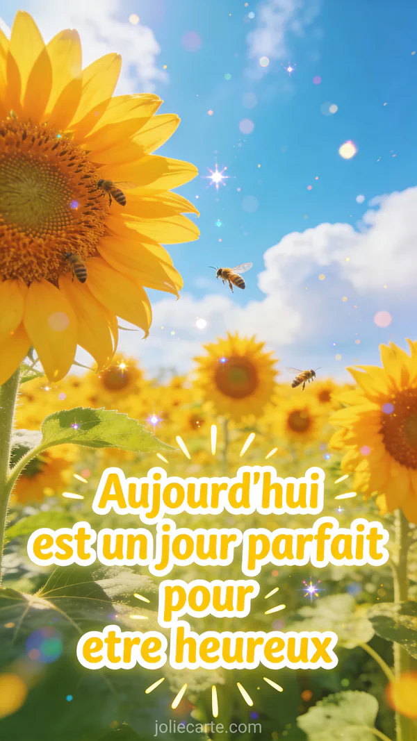 Bonjour citation positive avec champ de tournesols jaunes éclatants sous ciel bleu et abeilles butinant