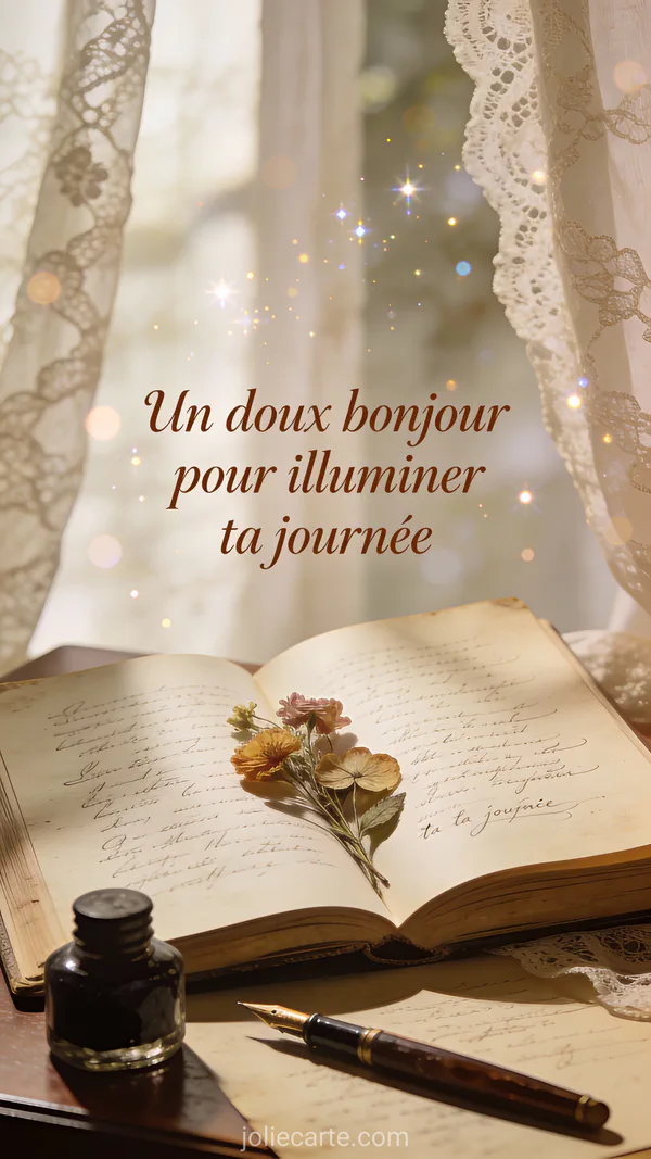 Poésie bonjour avec livre ancien ouvert, fleurs séchées pressées, plume et encrier sur bureau vintage