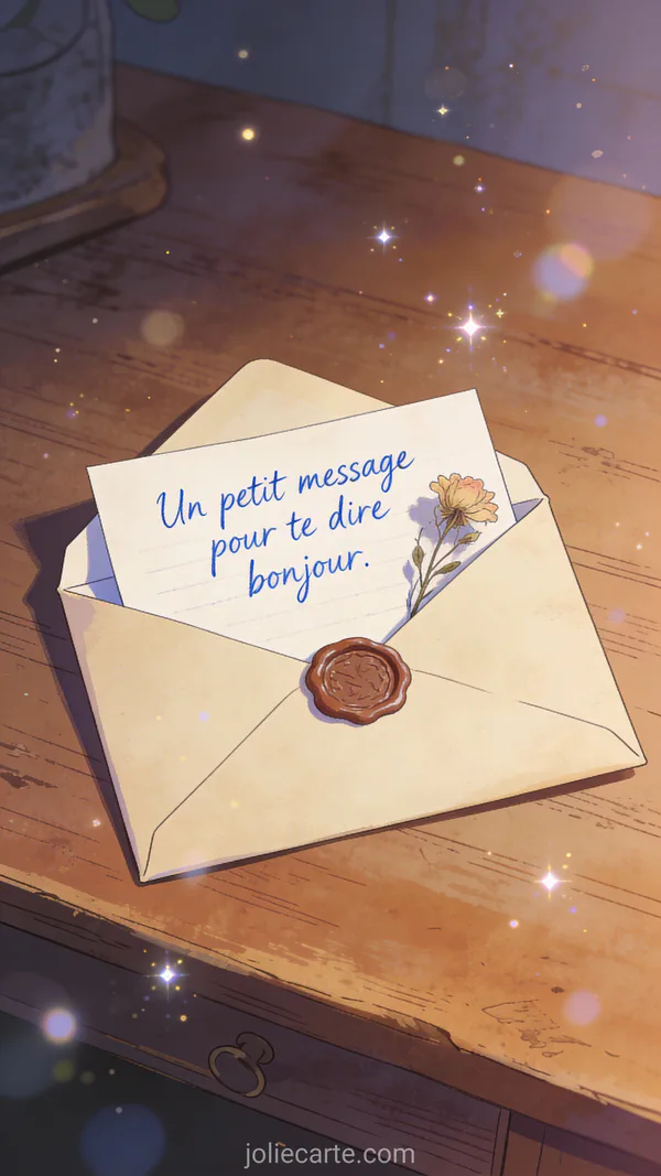 Message de bonjour avec lettre manuscrite dans enveloppe vintage, cachet de cire rouge et fleur séchée