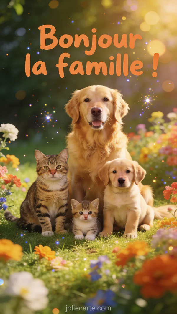 Bonjour la famille avec golden retriever et chiots, chat tigré et chaton réunis dans jardin fleuri ensoleillé