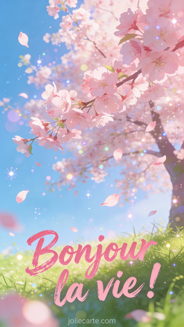 Bonjour la vie sous cerisier en fleurs roses, pétales virevoltant dans le vent sous ciel bleu printanier