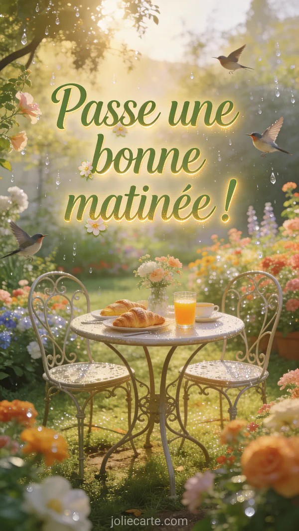 Jardin français fleuri avec table bistro en fer forgé, petit-déjeuner croissants et jus d'orange, ambiance matinale