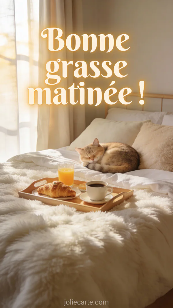 Chambre cosy avec chat endormi sur couette, plateau petit-déjeuner croissants café, ambiance grasse matinée
