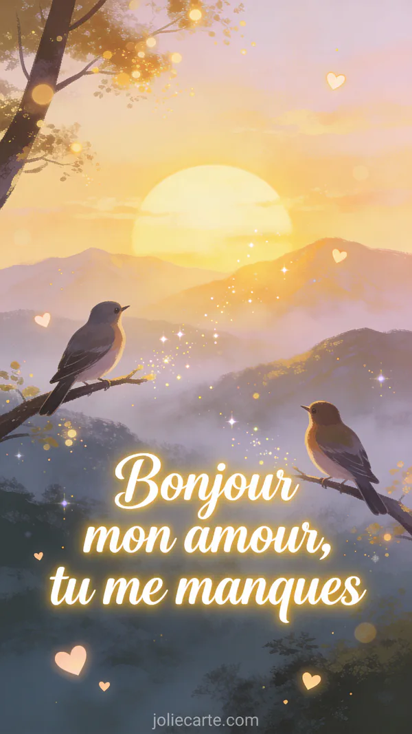 Deux oiseaux contemplant un lever de soleil doré sur des montagnes brumeuses, image bonjour à distance