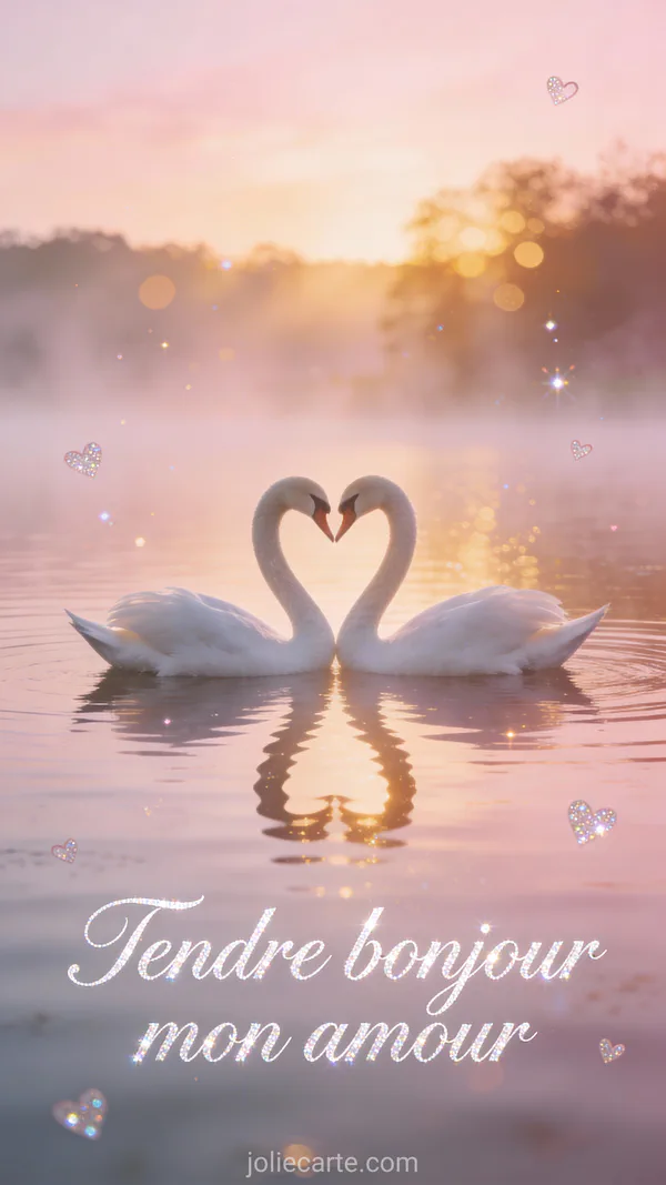 Cygne élégant glissant sur un lac paisible au lever du soleil, image tendre bonjour mon amour