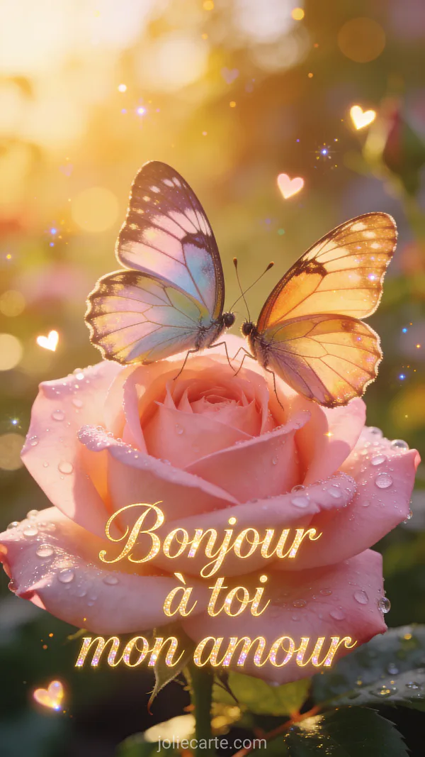 Papillon coloré posé sur une rose épanouie, image bonjour amoureux romantique