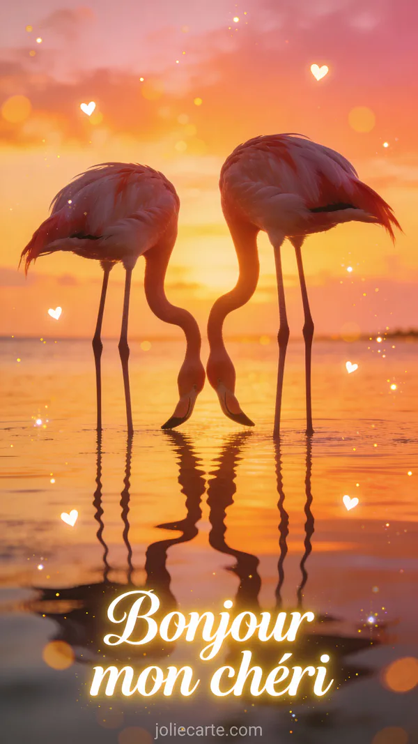 Deux flamants roses au lever du soleil avec reflet dans l'eau calme et ciel orangé
