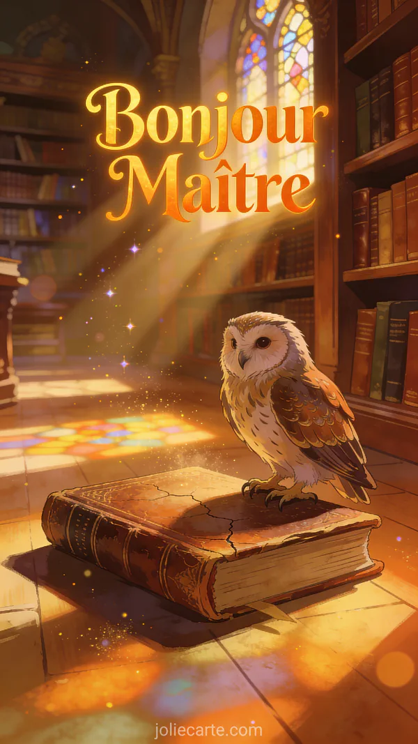 Hibou majestueux perché sur un livre ancien dans une bibliothèque chaleureuse avec lumière ambrée et texte Bonjour Maître