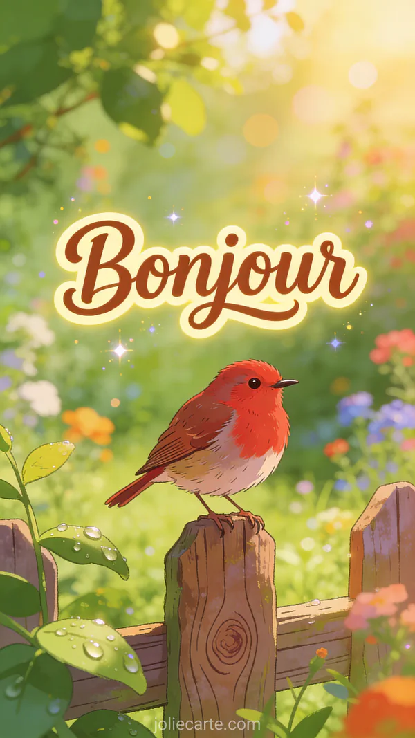 Rouge-gorge perché sur une clôture en bois rustique avec jardin fleuri et lumière dorée du matin et texte Bonjour