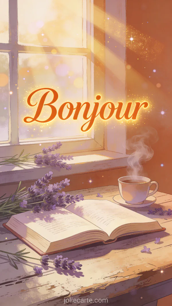 Image bonjour avec livre ouvert sur table en bois, brins de lavande et tasse de thé fumante dans la lumière du matin