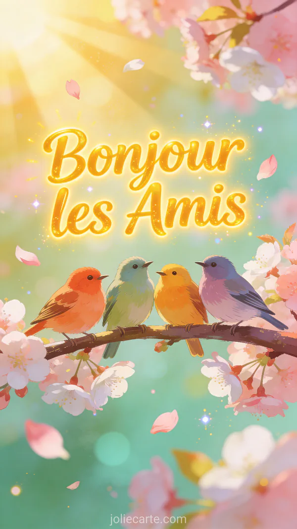 Oiseaux colores sur branche de cerisier en fleurs, petales roses et lumiere doree matinale
