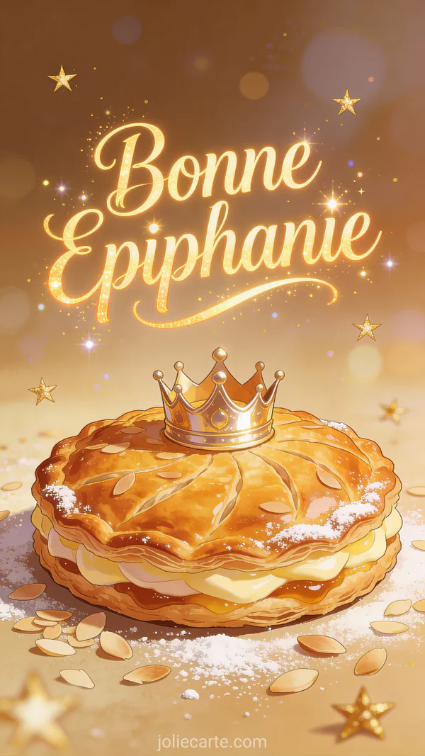 Galette des rois dorée avec une couronne scintillante, entourée de flocons d'amandes et de sucre glace, ambiance festive de l'Épiphanie