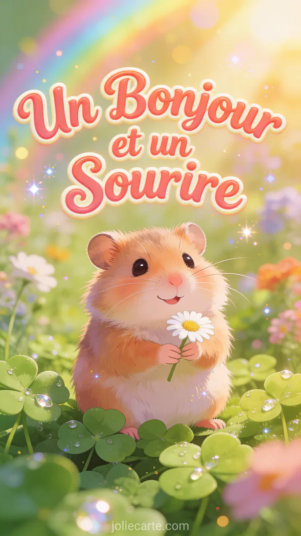 Adorable hamster souriant tenant une marguerite dans une prairie de trèfles avec des gouttes de rosée scintillantes au soleil du matin