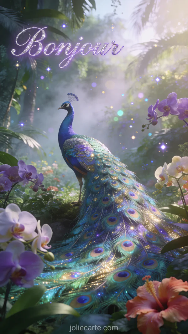 Paon majestueux aux plumes iridescentes bleues et vertes déployées dans un jardin tropical avec orchidées et hibiscus dans la brume matinale