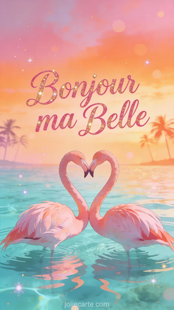 Deux flamants roses formant un cœur avec leurs cous dans une eau turquoise au lever du soleil avec des palmiers en arrière-plan