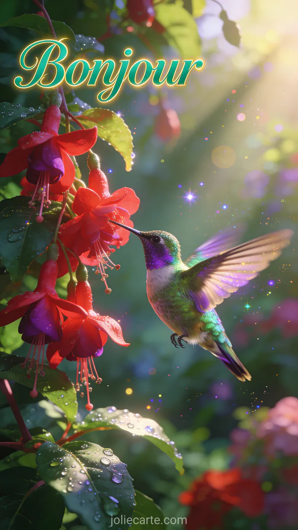 Colibri aux plumes iridescentes vertes et violettes en vol stationnaire près de fleurs de fuchsia rouges avec rosée matinale