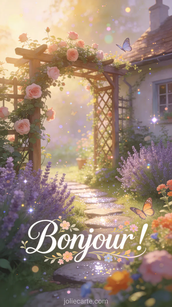 Jardin de cottage anglais avec roses grimpantes sur treillage lavande et papillons colorés au matin