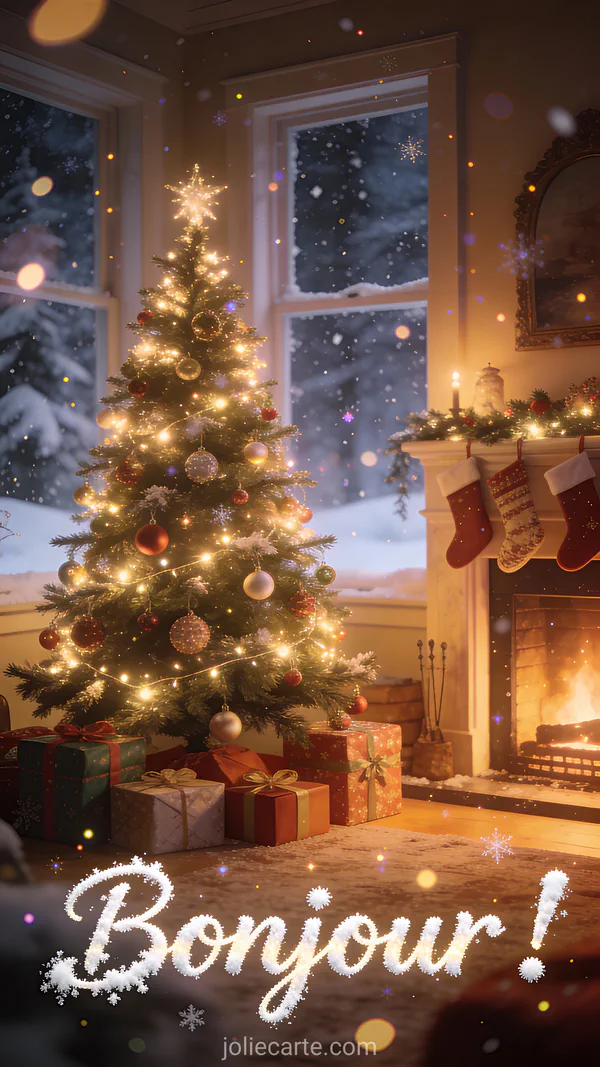 Sapin de Noël décoré de guirlandes lumineuses près d'une cheminée avec feu et cadeaux emballés