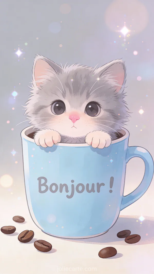 Adorable chaton au pelage duveteux avec grands yeux curieux installé près d'une tasse fumante