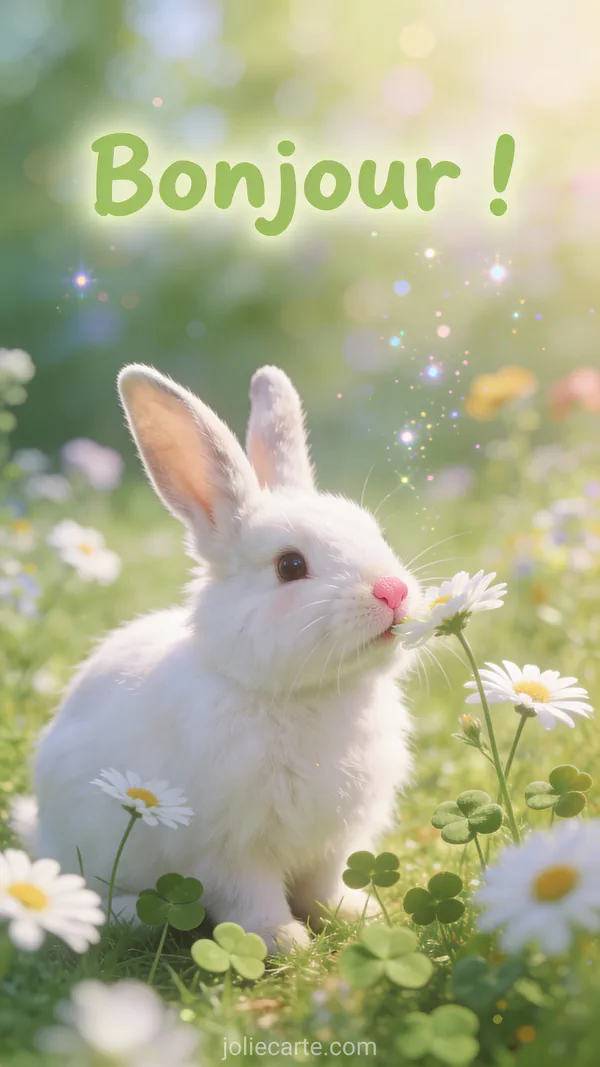 Adorable lapin au pelage doux avec oreilles dressées parmi des marguerites blanches dans la lumière du matin