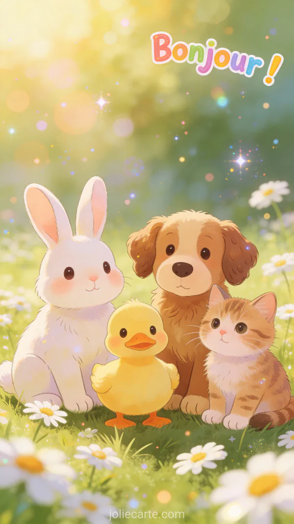 Adorable lapin au pelage soyeux et petit caneton jaune au duvet doux côte à côte dans une scène tendre