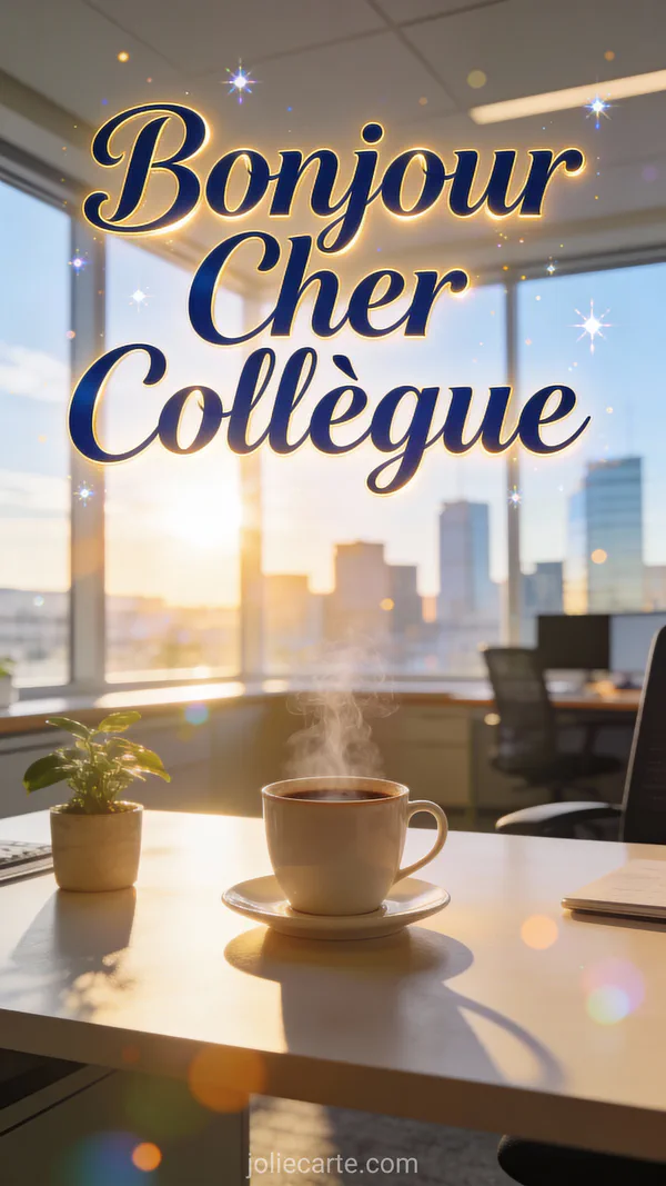 Image bonjour avec bureau moderne ensoleillé, tasse de café fumante et plante verte près de la fenêtre