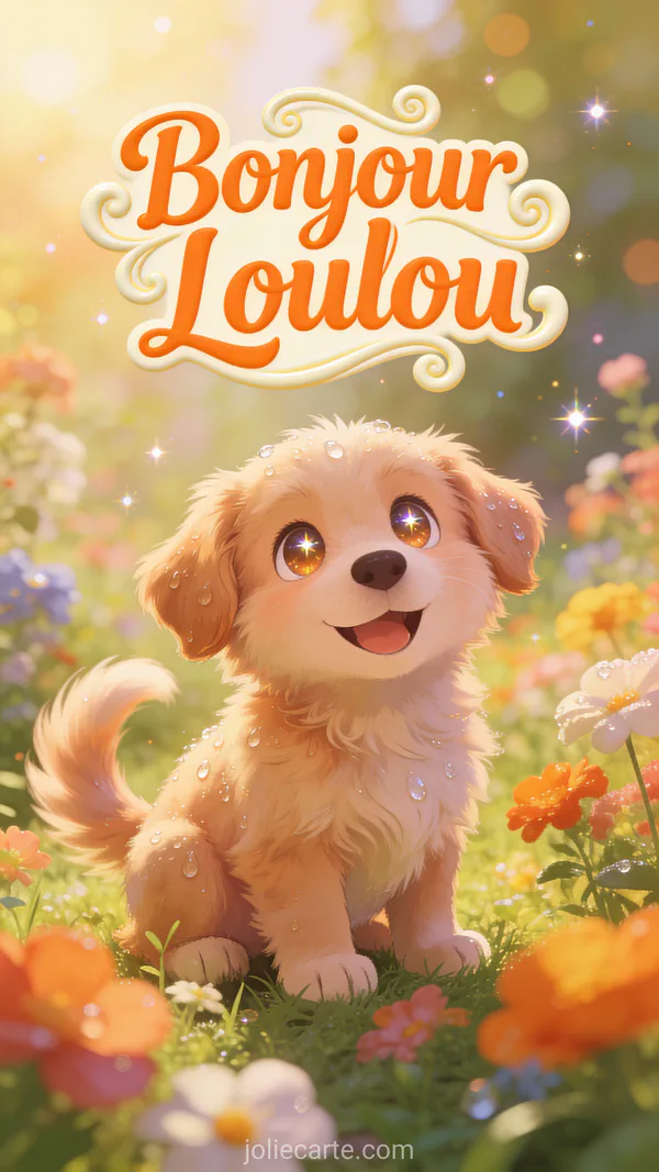 Adorable chiot aux grands yeux pétillants assis dans un jardin ensoleillé parmi des fleurs colorées