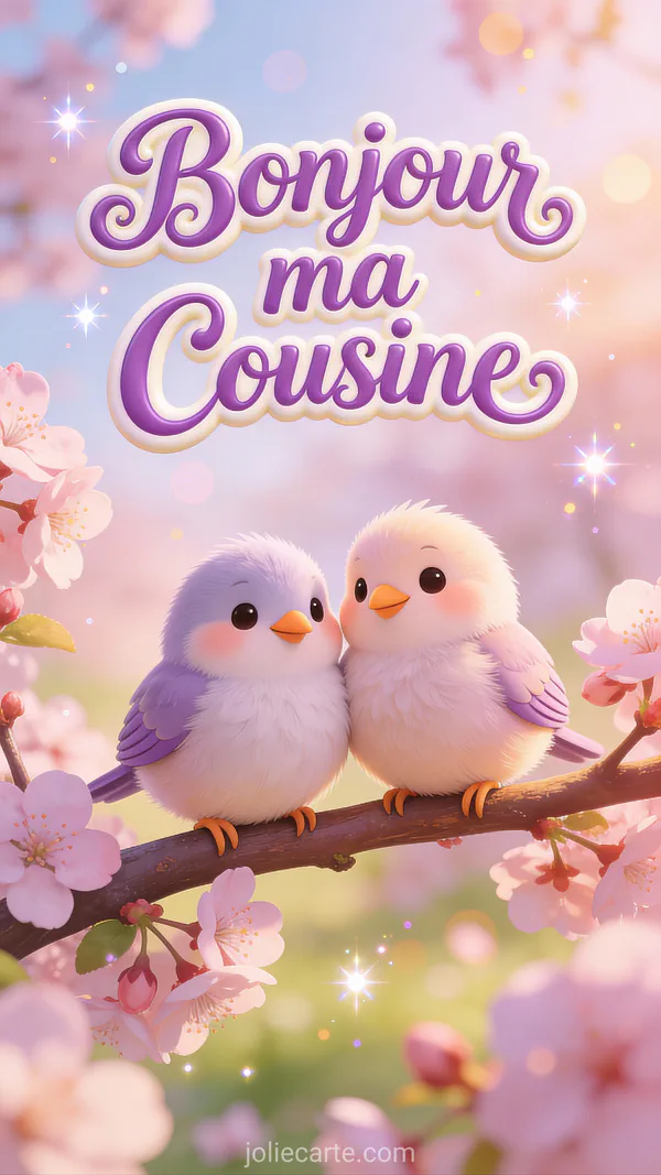 Deux petits oiseaux mignons perchés ensemble sur une branche de cerisier en fleurs au printemps