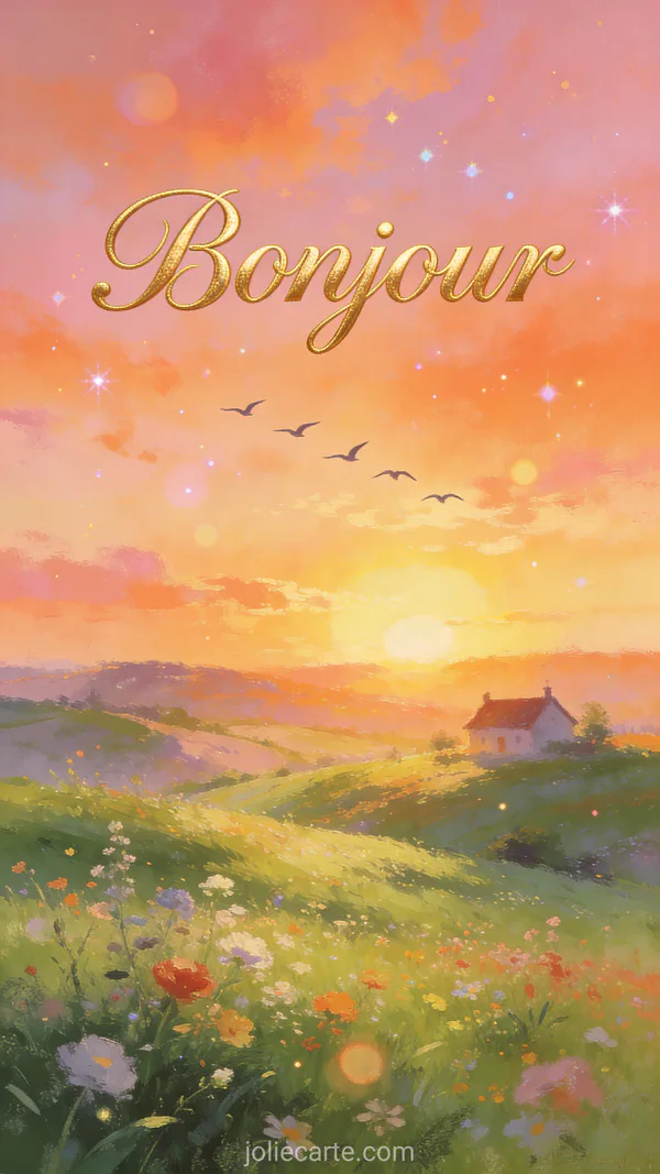 Lever de soleil doré sur paysage de campagne avec collines verdoyantes, fleurs sauvages et cottage pittoresque