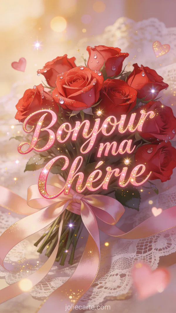 Bouquet de roses rouges avec gouttes de rosée, rubans délicats et cœurs flottants sur fond romantique