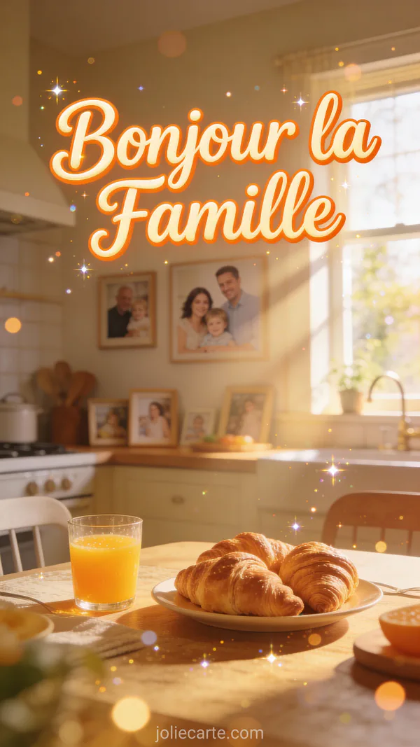 Table de petit-déjeuner ensoleillée avec croissants dorés, jus d orange et lumière matinale par la fenêtre