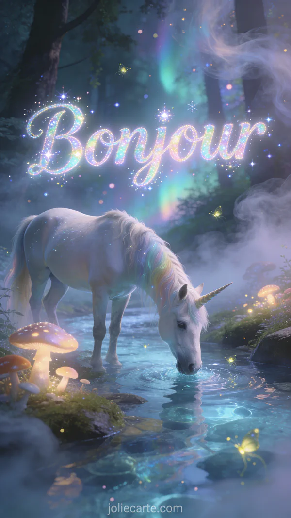 Licorne majestueuse buvant dans un ruisseau cristallin entourée de champignons lumineux et lucioles dans forêt enchantée