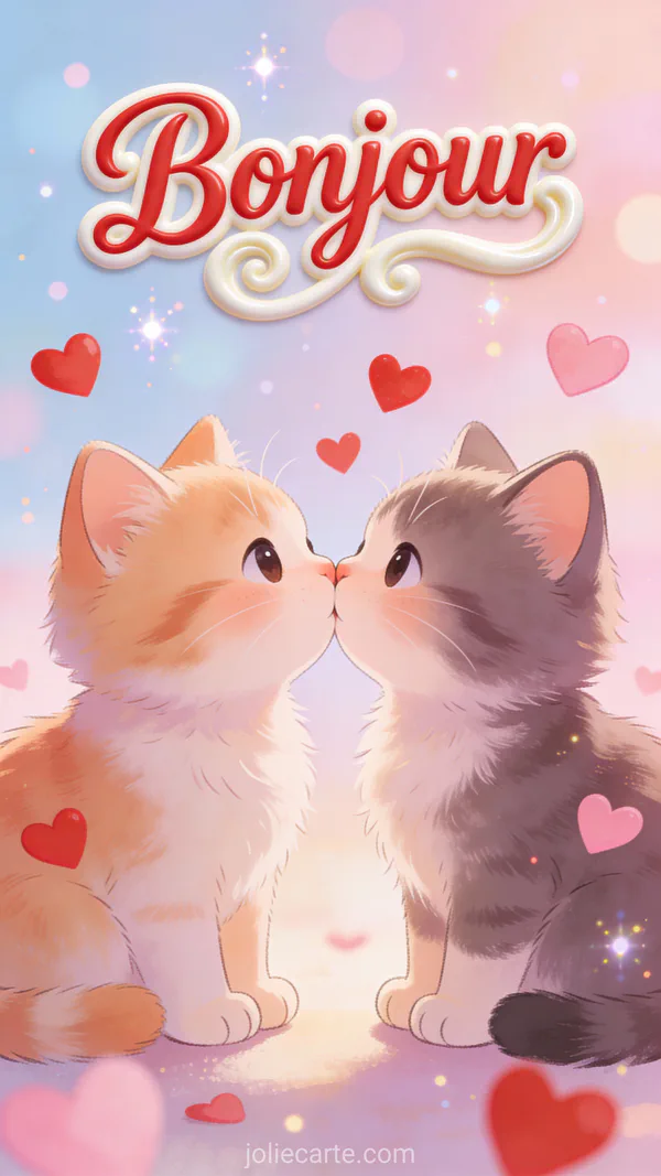 Deux chatons adorables nez contre nez se faisant un bisou entourés de cœurs rouges et roses flottants
