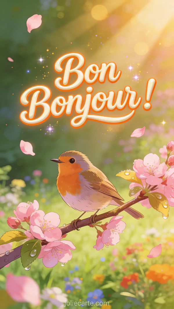 Rouge-gorge perche sur une branche de cerisier en fleurs avec le texte Bon Bonjour