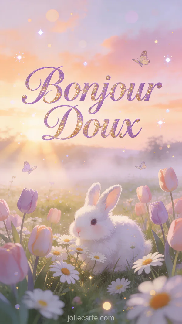 Adorable lapin assis parmi les tulipes colorees avec le texte Bonjour Doux