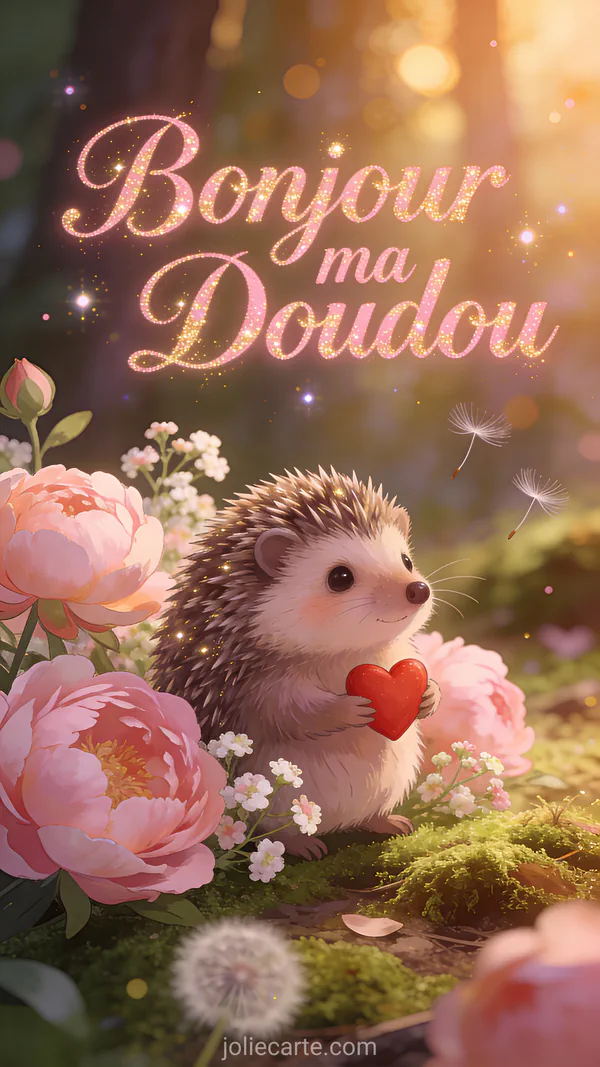 Adorable petit hérisson aux piquants doux tenant un coeur rouge entre ses pattes sur fond pastel avec effet bokeh