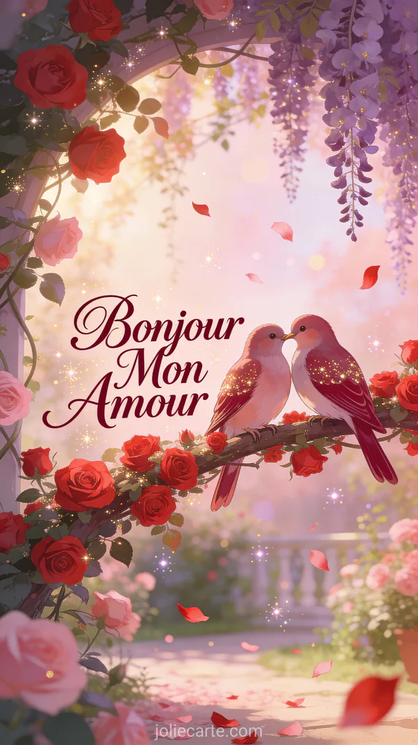 Deux tourtereaux au plumage coloré blottis ensemble sur une branche entourée de roses roses et rouges délicates