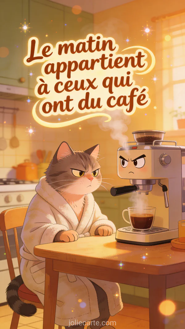Chat roux pensif assis devant une grande tasse de café fumante avec expression philosophique et fond chaleureux