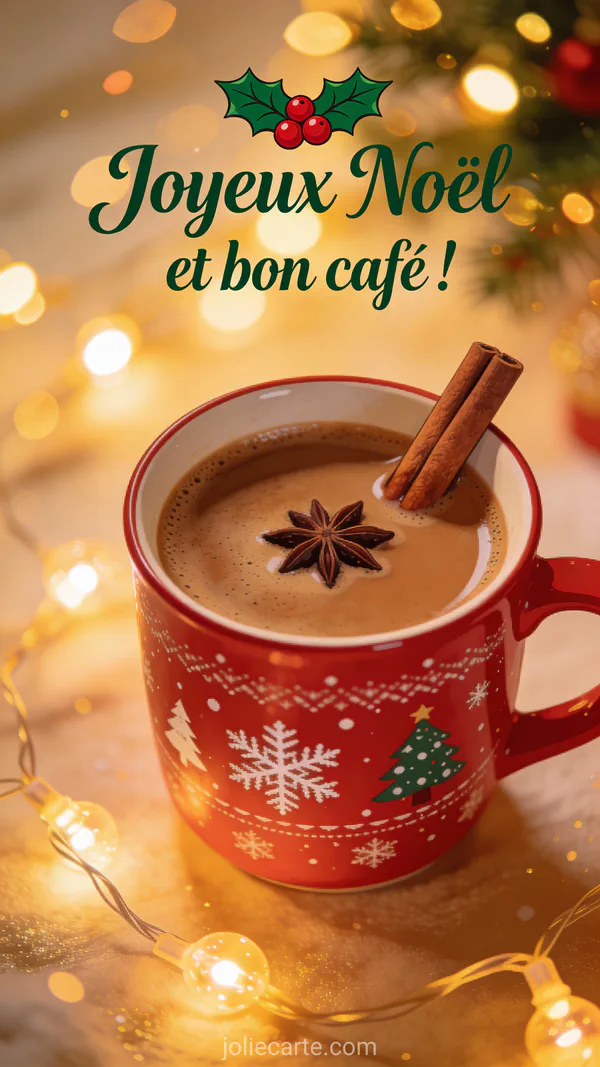 Tasse de café fumante décorée de motifs de Noël entourée de bâtons de cannelle et décorations festives rouges et vertes