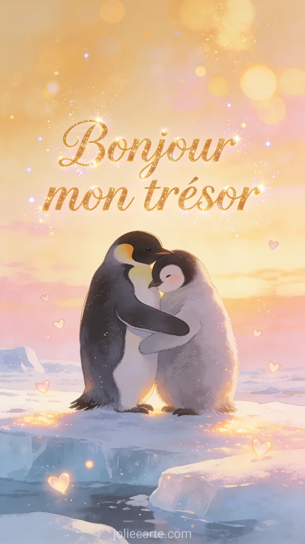 Image bonjour mon trésor avec pingouin mignon aux grands yeux sur fond glacé aux tons bleus doux