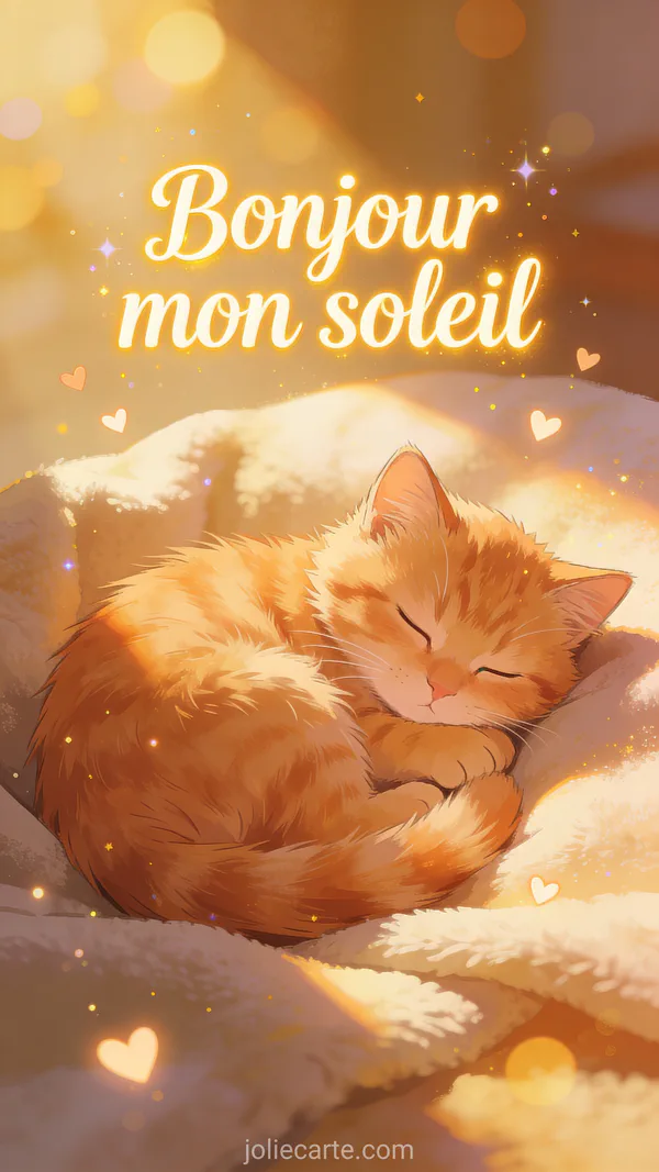 Image bonjour mon soleil avec chat roux adorable aux yeux doux sur fond chaleureux et lumineux
