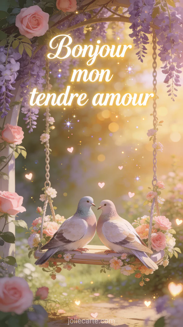 Image bonjour mon tendre amour avec colombe blanche en vol parmi des fleurs printanières colorées