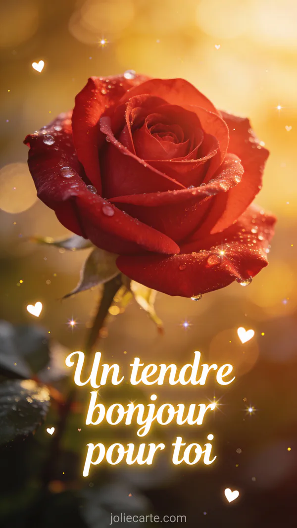 Image bonjour pour mon amour avec rose rouge veloutée en gros plan sur fond romantique aux tons doux