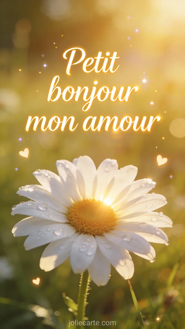 Image bonjour mon amour sms avec bouquet de marguerites blanches fraîches sur fond champêtre lumineux