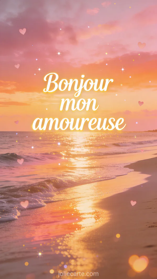 Image bonjour mon amoureuse avec lever de soleil doré sur plage de sable fin et vagues calmes